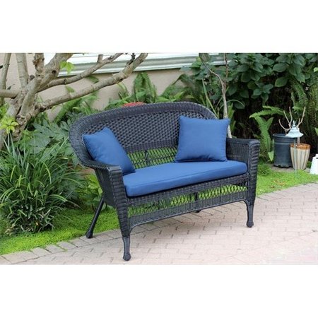 JECO Jeco W00207-L-FS011-CL Black Wicker Patio Love Seat With Blue Cushion And Pillows W00207-L-FS011-CL